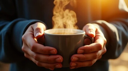Warm morning coffee in hands. Close-up of hands gently cradling steaming mug. Soft morning light illuminates ceramic mug. Gentle steam rises from warm drink. Perfect image for blogs, websites. - Powered by Adobe