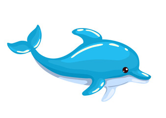 Cute bright dolphin swimming. Vector children's illustration in kawai style. Isolated on a white background. 
