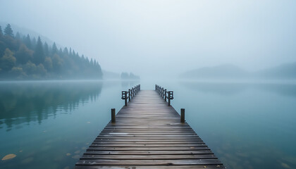 Wooden Pier Extending into Misty Teal Lake