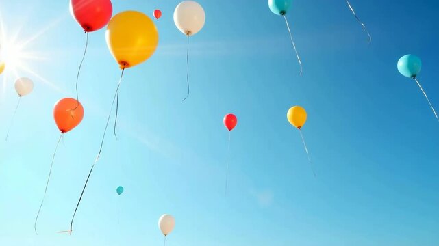 Colorful helium balloons float gently in clear blue summer sky. Celebration balloons rise high above ground, creating joyful, festive atmosphere. Perfect video for birthday invitations.