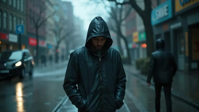 Man walking alone in rain wearing hooded jacket. City street scene shows pensive man walking alone on rainy day. Loneliness and solitude concept image for melancholy mood.