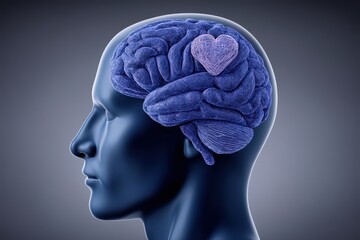 Obraz premium Intricate exploration of human psyche depicting a brain model with heart symbolizing emotional intelligence and cognitive connection in a modern illustrative style