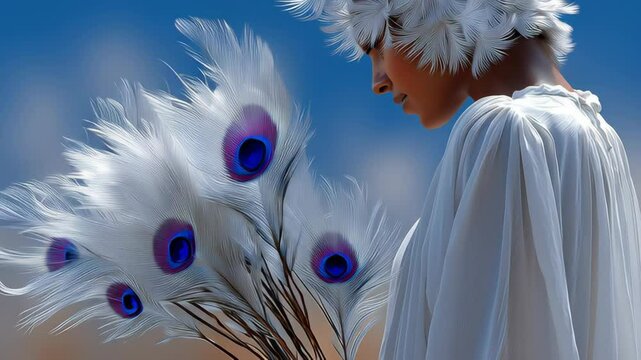 Ethereal figure adorned in flowing white attire, gracefully holding a bouquet of peacock feathers, set against a serene blue sky, embodying beauty, nature, and artistic expression in a captivating sce