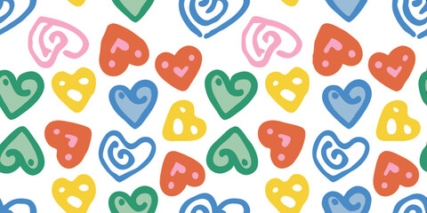 Colorful Heart Pattern: A cheerful and playful pattern featuring colorful hand-drawn hearts in various shades of red, pink, blue, green and yellow. Perfect for Valentine's Day, wedding invitations.