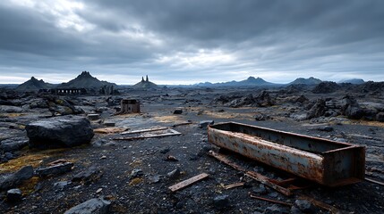 荒涼とした黒い溶岩原が広がるドラマチックな風景