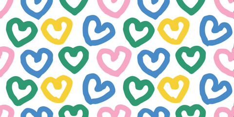 Vibrant Heart Pattern: A cheerful pattern of colorful, hand-drawn hearts fills the frame, creating a feeling of warmth and affection, conveying love and happiness.