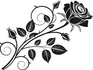 Black and white floral background with decorative flowers, leaves, and ornamental design elements