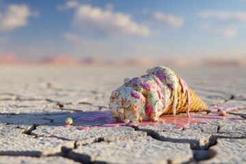Melting ice cream on cracked desert floor, surreal metaphor of climate change and rising temperatures, colorful artistic style.