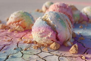 Melting ice cream on cracked desert floor, surreal metaphor of climate change and rising temperatures, colorful artistic style.