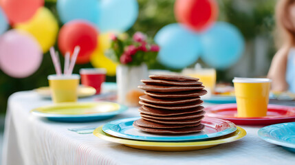 Stack of delicious pancakes on a colorful plate at a festive outdoor party table, surrounded by vibrant balloons and cheerful decorations, creating a joyful atmosphere for celebration