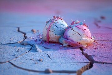 Melting ice cream on cracked desert floor, surreal metaphor of climate change and rising temperatures, colorful artistic style.