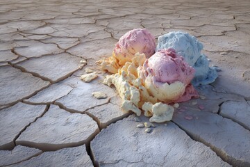Melting ice cream on cracked desert floor, surreal metaphor of climate change and rising temperatures, colorful artistic style.