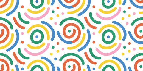 Abstract pattern in circles and lines: A vibrant and modern pattern of colorful circles and curving lines, creating a visually engaging design. Suitable for various design applications.