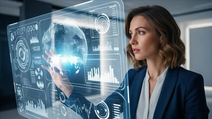 A businesswoman interacts with a futuristic holographic interface, analyzing data and information. - Powered by Adobe