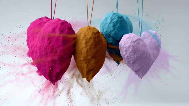 Colorful heart-shaped decorations made of textured powder, suspended with strings, surrounded by vibrant powder splashes, creating a playful and artistic atmosphere for festive celebrations or creativ