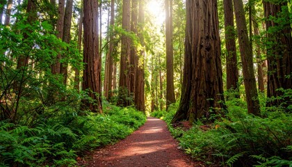 Fototapeta premium Sunlight filters through tall trees onto a forest path