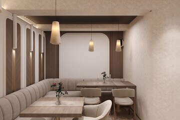 Elegant modern cafe interior with cozy seating and warm lighting
3D visualization of a stylish cafe design featuring soft beige tones, wooden accents, wall moldings, and pendant lighting. Minimalist a