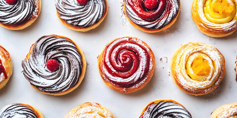 Assorted pastries with vibrant swirls of chocolate and fruit toppings, elegantly arranged on a light surface, showcasing delightful dessert presentation and culinary artistry