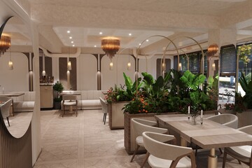  modern cafe seating with wooden tables, soft lighting, and elegant decor