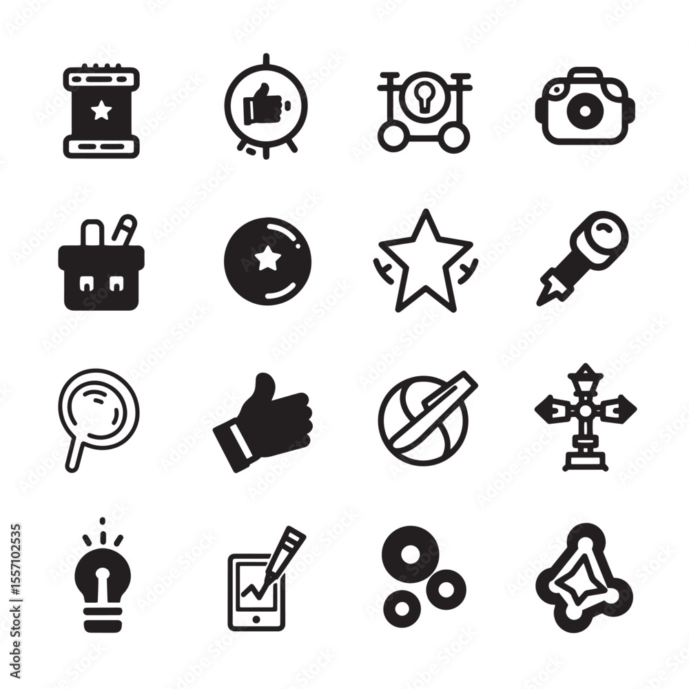 Poster collection of modern vector icons depicting various concepts and objects in a simple style