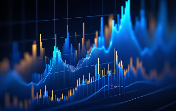 Vibrant blue and yellow financial data visualization with upward trends