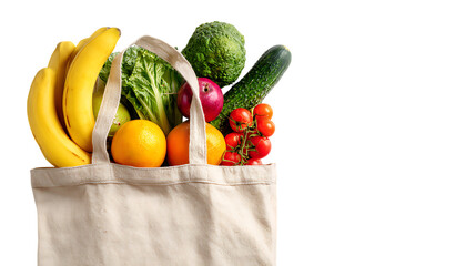 Grocery bag with fresh fruits and vegetables on a white background, top view. Concept of healthy eating or a food delivery service.