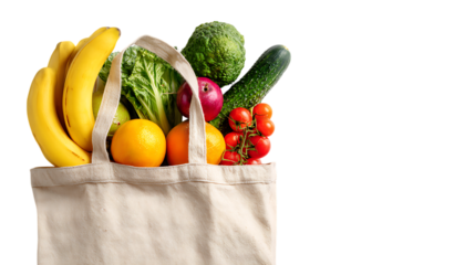 Grocery bag with fresh fruits and vegetables on a white background, top view. Concept of healthy eating or a food delivery service.
