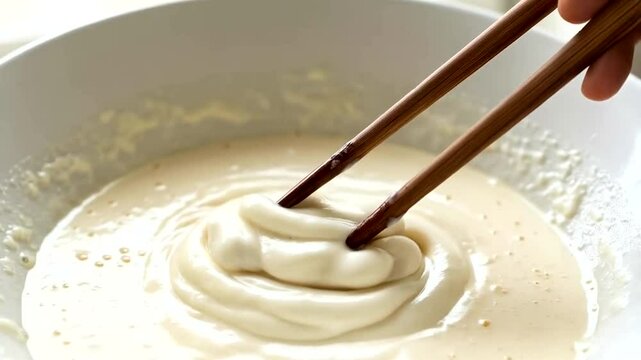 Creamy batter in a bowl being stirred with chopsticks.