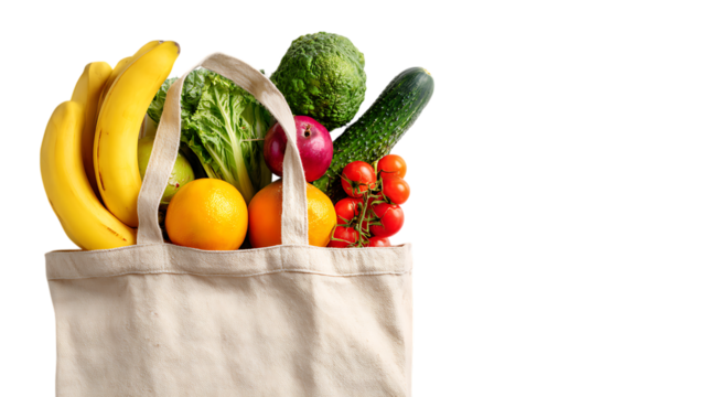 Grocery bag with fresh fruits and vegetables on a white background, top view. Concept of healthy eating or a food delivery service.