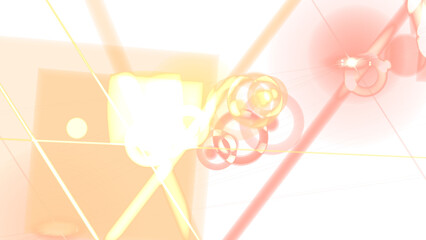 Geometric shapes glow softly against a dark background, creating an abstract modern design with circles and lines.