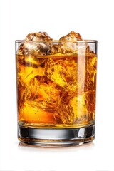 Close-up of a glass of whiskey with large ice cubes and golden amber liquid against a white background, highlighting clarity, freshness, and drink presentation