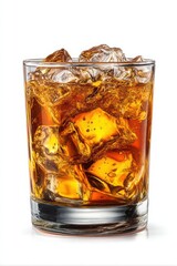 Close-up of a glass of refreshing chilled dark soda with ice cubes and bubbles in a transparent glass on a white background
