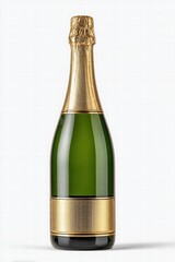 Elegant green glass champagne bottle with gold foil wrapping and blank label for celebration or luxury event decoration