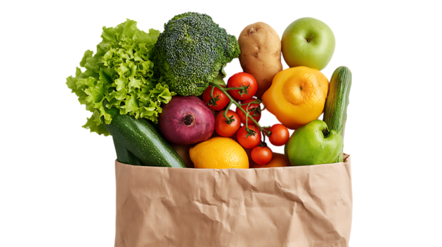 Grocery bag with fresh fruits and vegetables on a white background, top view. Concept of healthy eating or a food delivery service.