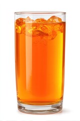 Refreshing cold orange juice in a clear glass with ice cubes on a white background for brunch or breakfast refreshment and healthy beverage choice