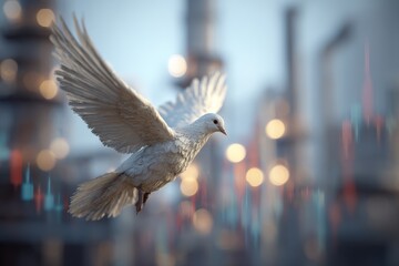 Middle East peace dove flying over oil fields and stock exchange screen, symbolic ceasefire image.