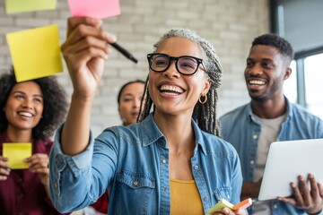 A diverse team collaborates during a brainstorming session using sticky notes
