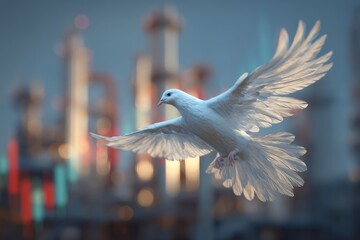 Middle East peace dove flying over oil fields and stock exchange screen, symbolic ceasefire image.