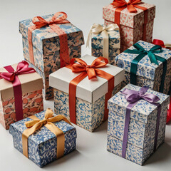 Vector art of various gift boxes with colorful ribbons and bows arranged on white