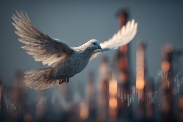 Middle East peace dove flying over oil fields and stock exchange screen, symbolic ceasefire image.