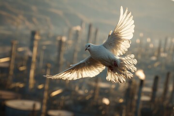 Middle East peace dove flying over oil fields and stock exchange screen, symbolic ceasefire image.