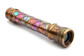 A kaleidoscope with intricate brass details, showing fractured rainbow patterns at the viewing end on white 