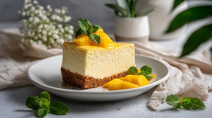 Rich mango cheesecake topped with mint / とろけるマンゴーとミントを添えた濃厚チーズケーキ