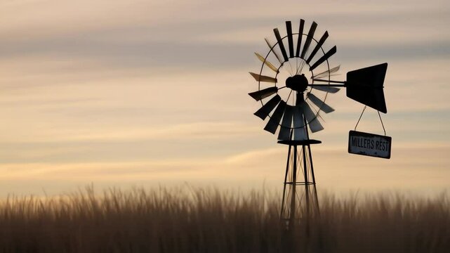 Vintage wind pump in field at golden hour silhouette landscape