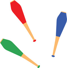 set of tree juggling clubs, red, blue, green illustration