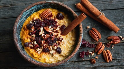 Fototapeta premium Pumpkin purée oats with pecans, dried cranberries and cinnamon stick in rustic bowl
