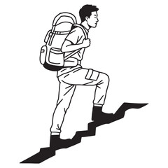 Naklejka premium Monochrome illustration of a hiker climbing steps with a backpack adventure concept