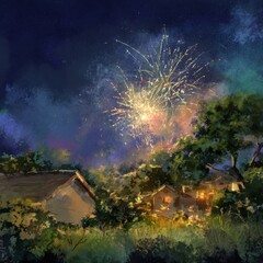 Independence Day fireworks light up the night sky over a quiet village Generative AI