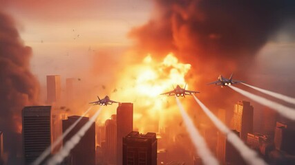 Fighter Jets Fly Over Burning City at Sunset with Smoke Trails in Sky