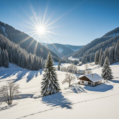 Fototapeta premium winter landscape with snow covered trees in mountains. Snowy valley landscape with small house and bright sun.